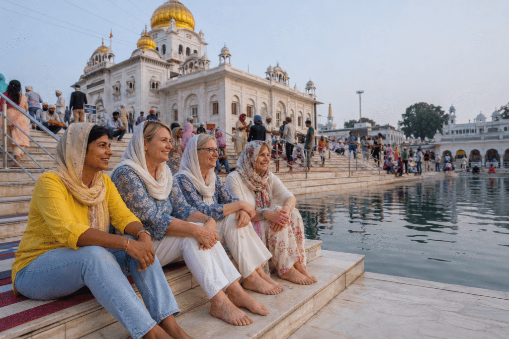 Four female travelers with covered heads sitting peacefully by the sacred Sarovar pool at Gurudwara Bangla Sahib during a private Delhi Temple tour with a local guide.