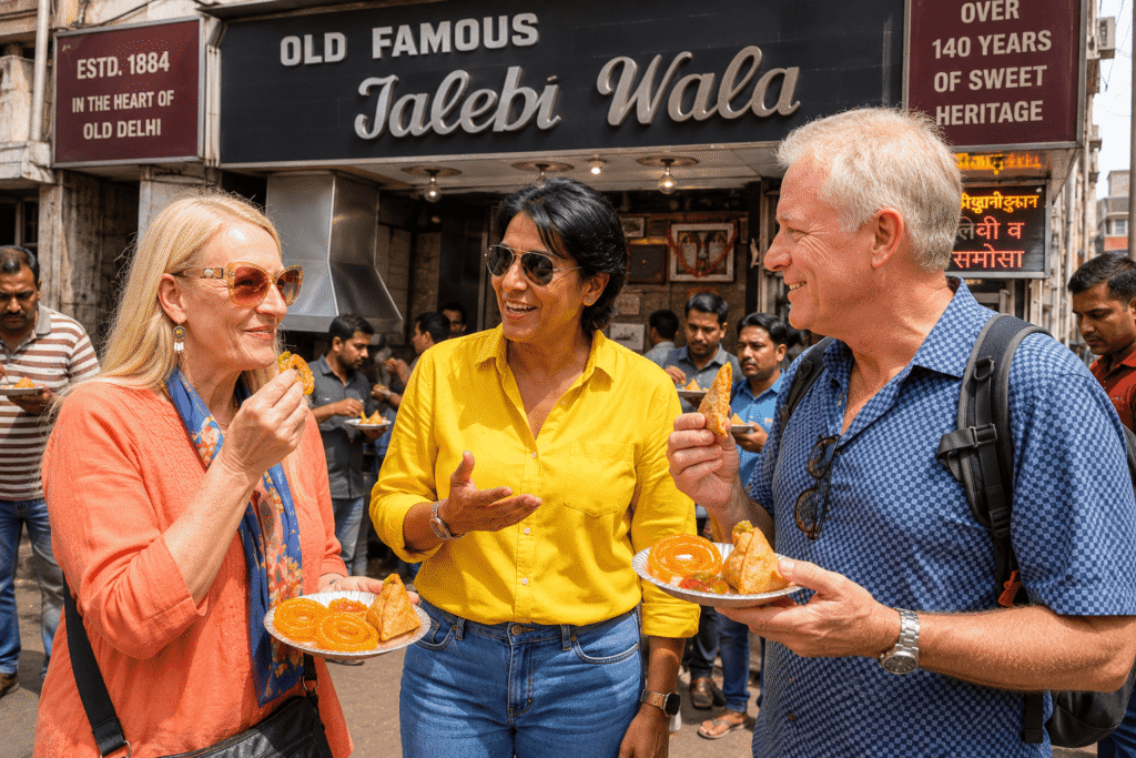 Harry introducing international guests to freshly made samosa and jalebi during a Delhi Food Tour at the famous Old Jalebi Wala in Chandni Chowk.