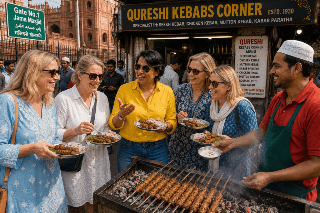 International guests enjoying freshly grilled Seekh Kebabs with Harry during a Delhi Street Food Tour in Old Delhi.