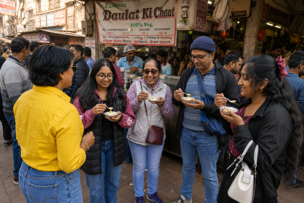 Travelers enjoying Daulat Ki Chaat with Delhi food tour guide Harry at the famous Chandni Chowk street food market.