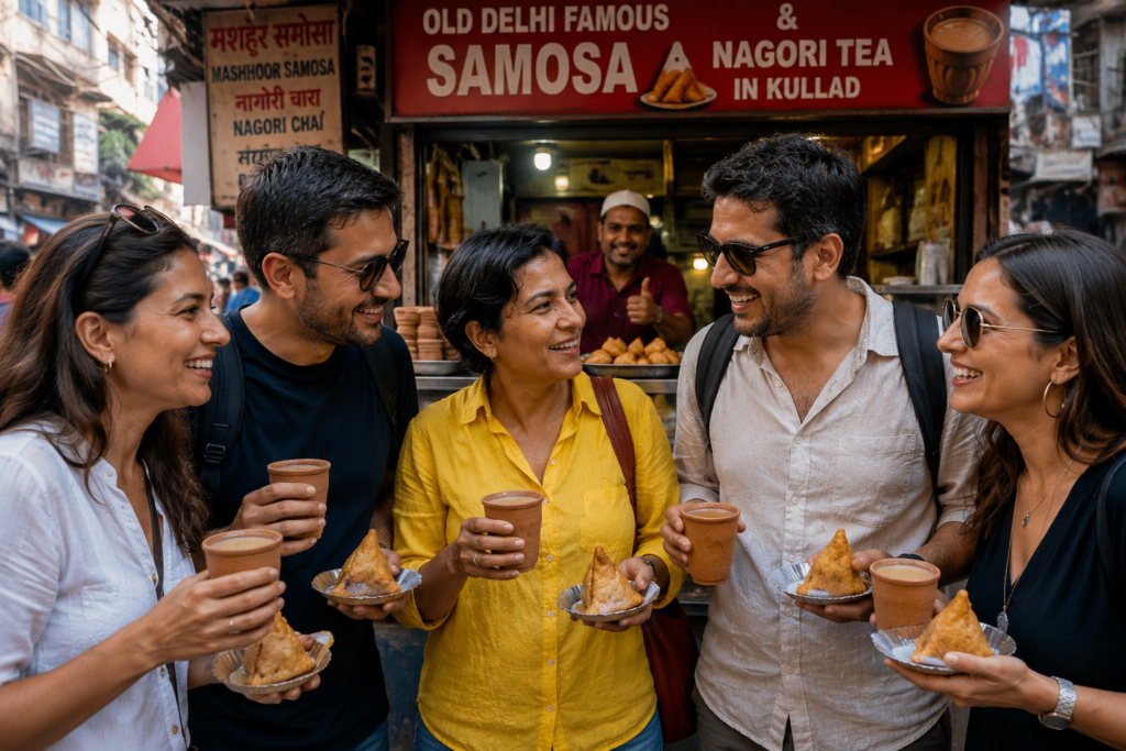 A colorful plate of fresh chole bhature and street snacks enjoyed during a full-day Delhi temple tour with a local guide.