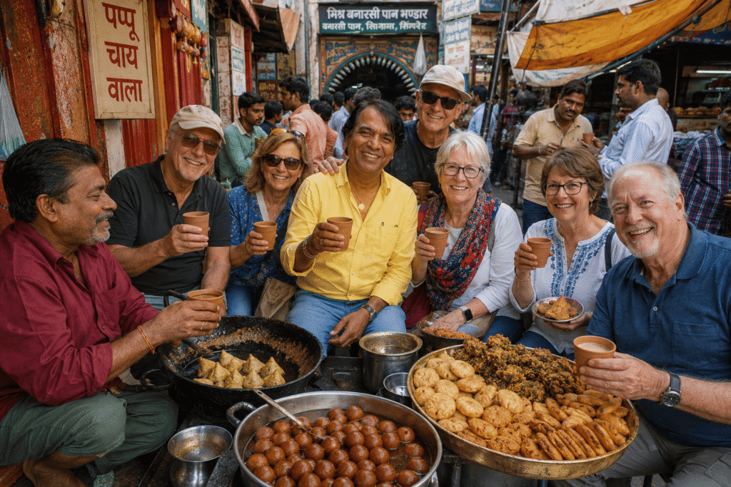 Varanasi Tour Guide: Ultimate Blissful Experience of Varanasi 7 Americans enjoying Varanasi food tour with Guide