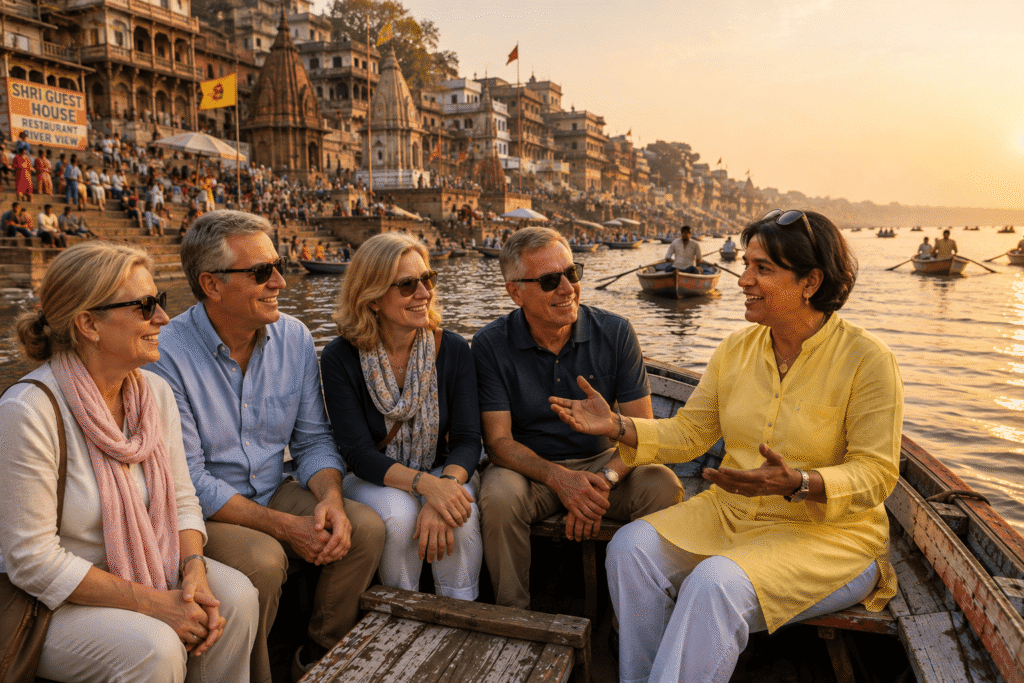 Varanasi Tour Guide: Ultimate Blissful Experience of Varanasi 4 Varanasi Tour Guide with Canadian Tourists at Sunrise Boat at Ganges: Ultimate Blissful Experience of Varanasi