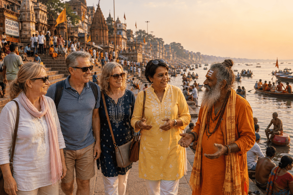 Varanasi Tour Guide: Ultimate Blissful Experience of Varanasi 3 American Tourists with Varanasi Tour Guide talking with Sadhu at Ghats of Ganga: Ultimate Blissful Experience of Varanasi