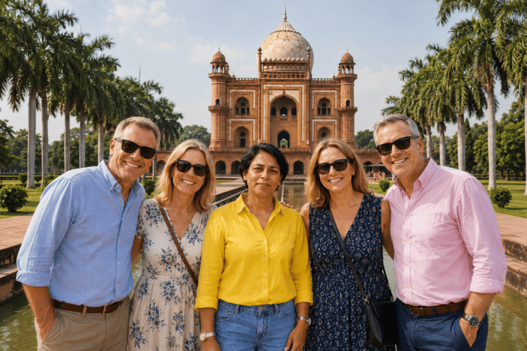 Harry, a licensed Safdarjung Tomb tour guide, with visitors after exploring the history, architecture, and Mughal gardens of Safdarjung Tomb in Delhi.