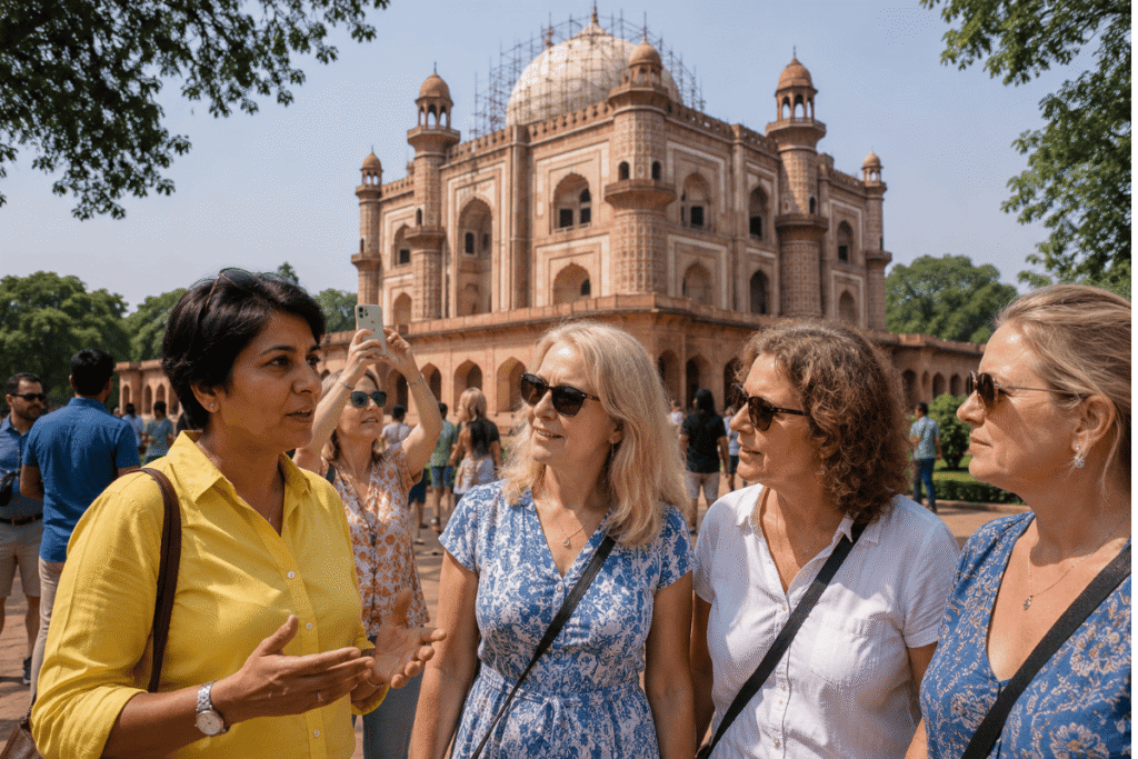 Harry, a licensed Safdarjung Tomb tour guide, explaining the Mughal architecture and Persian-inspired design of Safdarjung Tomb to visitors in Delhi.