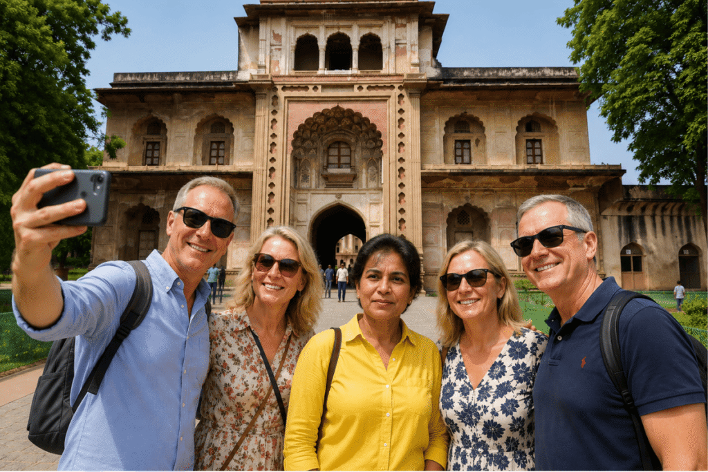 Tourists taking a selfie with Harry, a licensed Safdarjung Tomb tour guide, at the historic entrance of Safdarjung Tomb in Delhi.