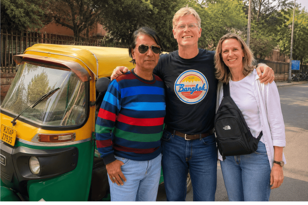 International Tourists enjoying  The Ultimate Delhi Tuk Tuk Tour Adventure booked with Go with Harry: