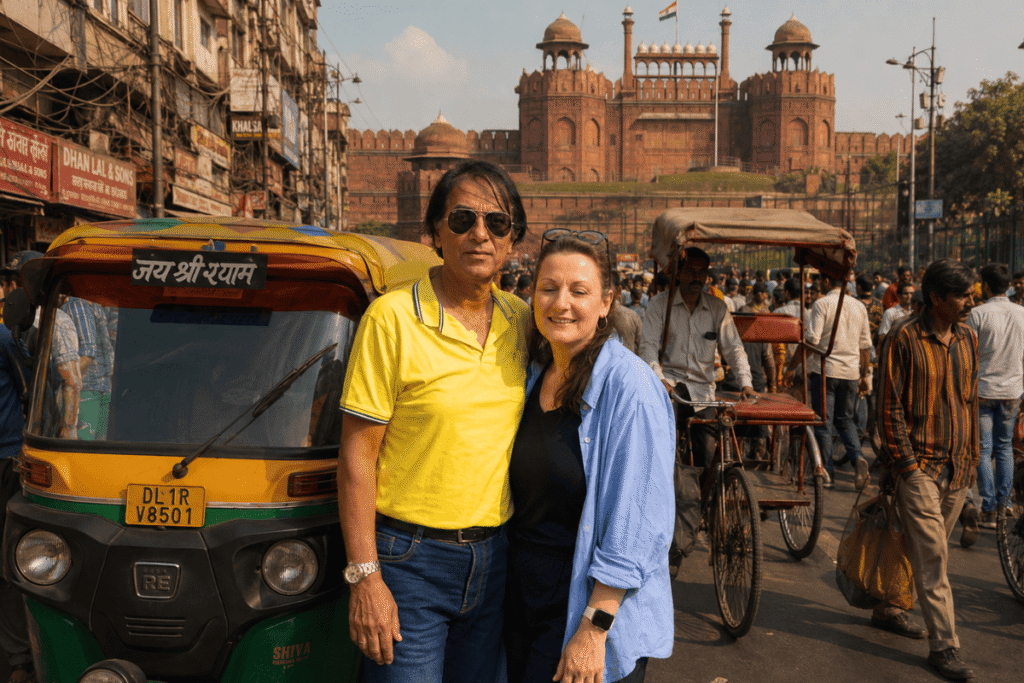 A British solo lady is with Go with Harry: The Ultimate Delhi Tuk Tuk Tour Adventure at Old Delhi  enjoy Chandni chowk, Red fort
