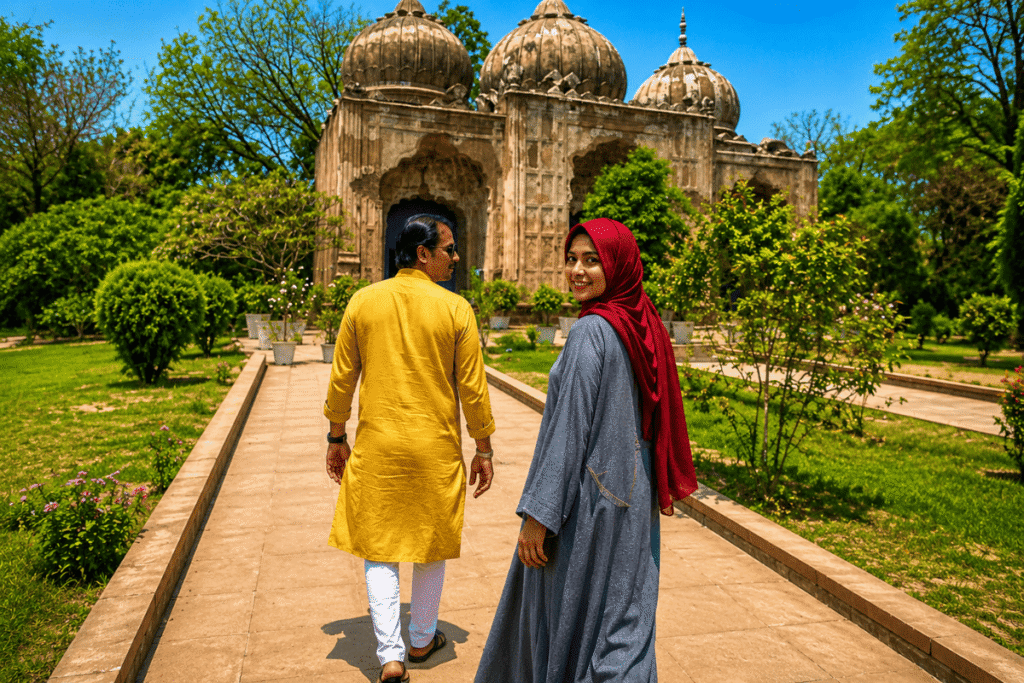 Qudsia Bagh Delhi A Heritage Walk with Guide & Nearest Metro 2 Qudsia Bagh Delhi , A couple is going to 17 th century mosque, then they have leisure time in the Qudusia garden, on Old Delhi Heritage Walk