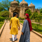 Qudsia Bagh Delhi , A couple is going to 17 th century mosque, then they have leisure time in the Qudusia garden, on Old Delhi Heritage Walk