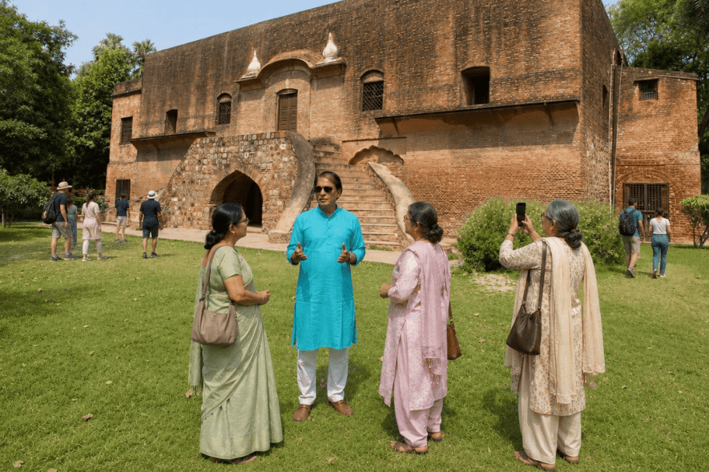 Qudsia Bagh Delhi A Heritage Walk with Guide & Nearest Metro 7 Qudsia Bagh Delhi Walk with Guide - History & Nearest Metro, Delhi ladies listening the story of 1857 war of independence story from Delhi tour guide
