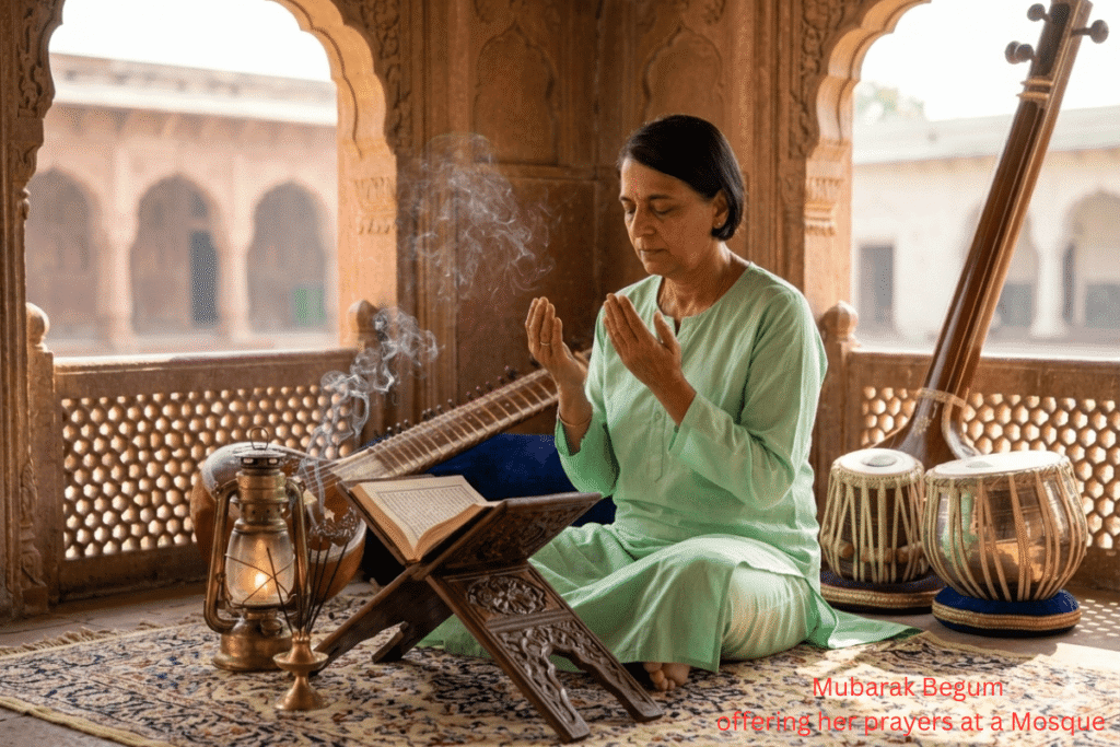 Mubarak Begum offering her prayers in the mosque, One day Allah will bless her soul , a story told by Delhi Tour Guide Harry