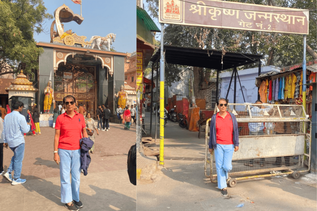 Harry, the Mathura Vrindavan tour guide, passionately explaining the life and significance of Lord Krishna's birth to her guests at a sacred temple in Mathura.