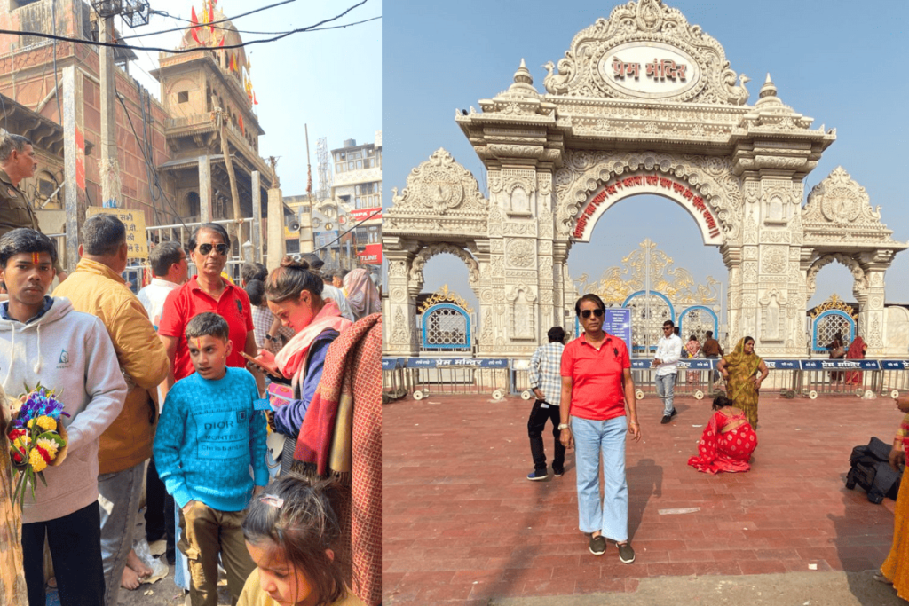 Harry, the Mathura Vrindavan tour guide, guiding her guests through the spiritual and vibrant Banke Bihari Temple in Vrindavan, sharing stories about the temple's rituals and its deep connection to Lord Krishna.