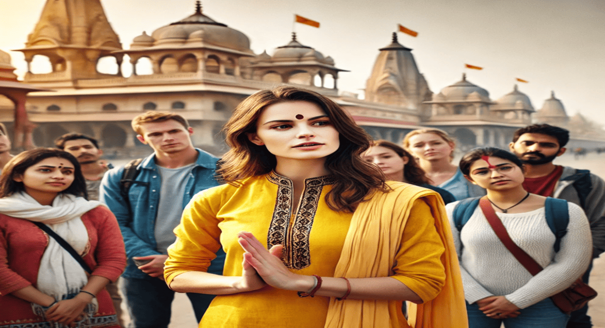 Harry, a knowledgeable female tour guide, leading a group of tourists through the sacred temples and spiritual sites of Mathura and Vrindavan, sharing insights about the rich history and divine significance of the places