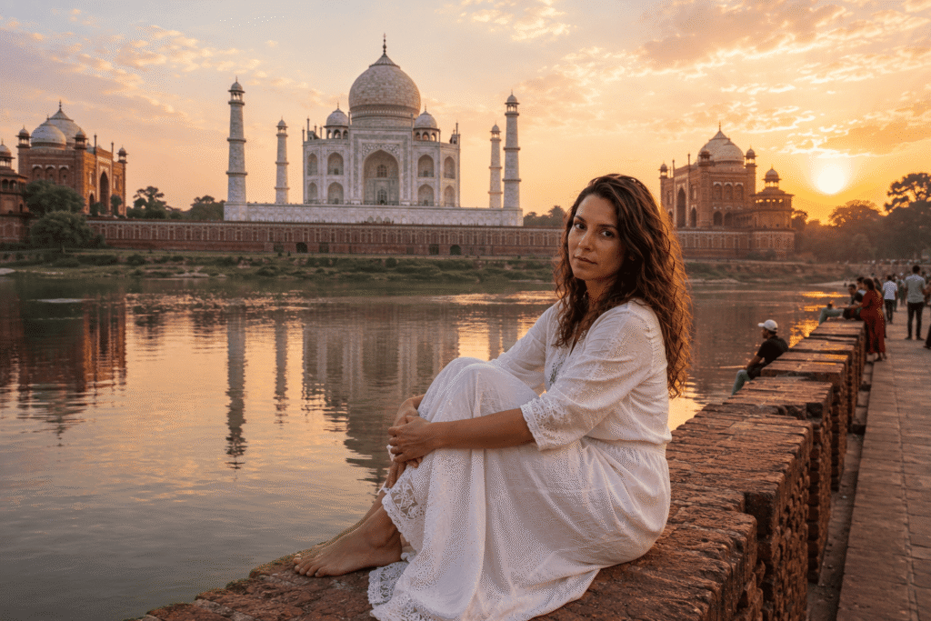 Harry a beautiful tour guide is at Mehtab Bagh Taj Mahal View: The Most Romantic Spot on a Delhi to Taj Mahal Private Tour