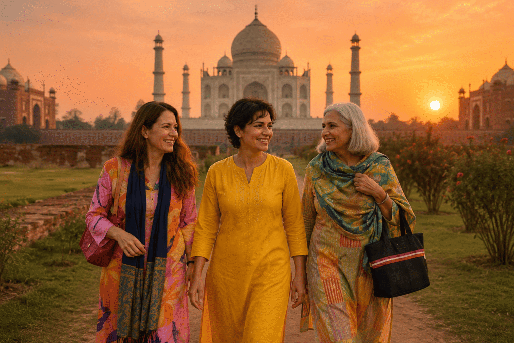 Harry Guide is with Mexican tourists at Mehtab Bagh Taj Mahal View: The Most Romantic Spot on a Delhi to Taj Mahal Private Tour