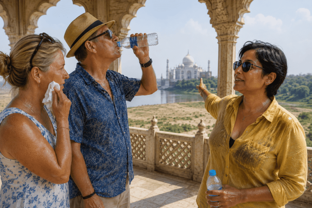 Tour Guide Showing Taj Mahal view at Agra Fort Tour: Discover the Mughal Palace on a Delhi to Taj Mahal Private Tour