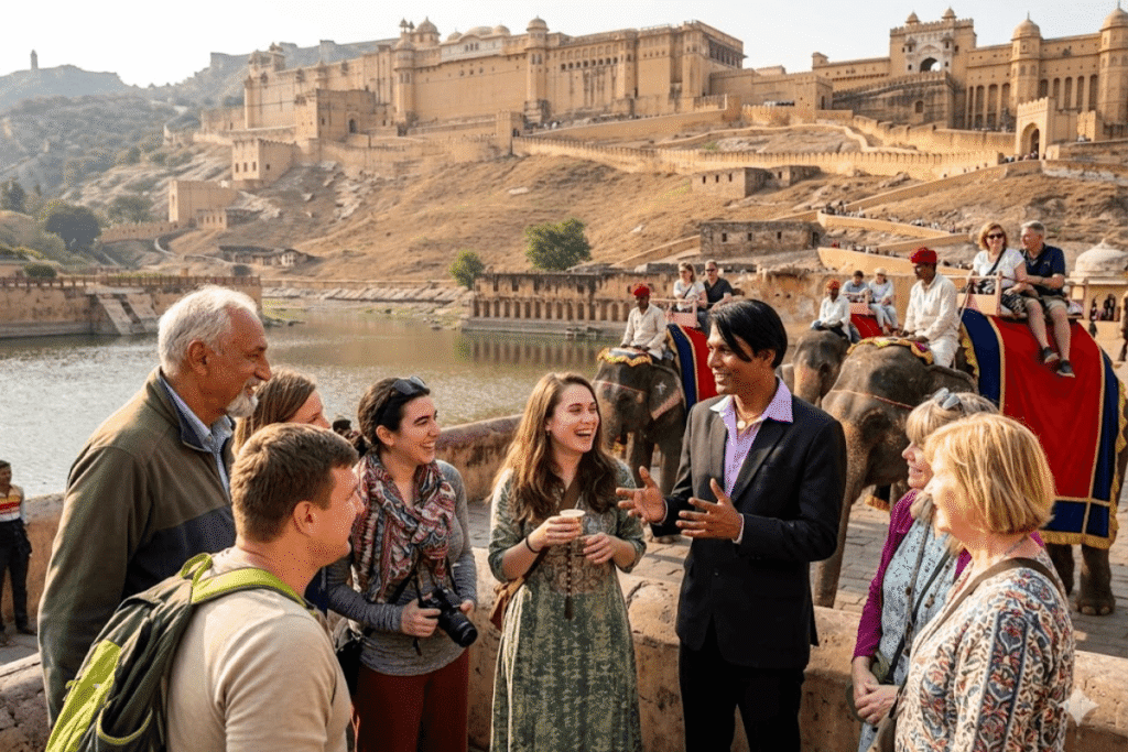 Amber Fort Tour Guide is describing the history of Amer and Kachwaha rulers in an interesting story style to university students and teacher near Maota Lake and foothills of Amer fort