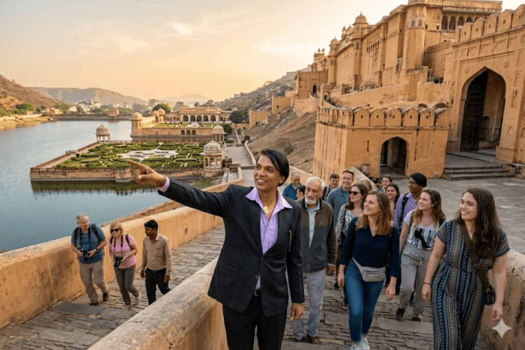 Amber fort tour guide is walking through stairs with the International university group explain the Kesar garden, arches on the city wall of old Amer city, students enjoy listening