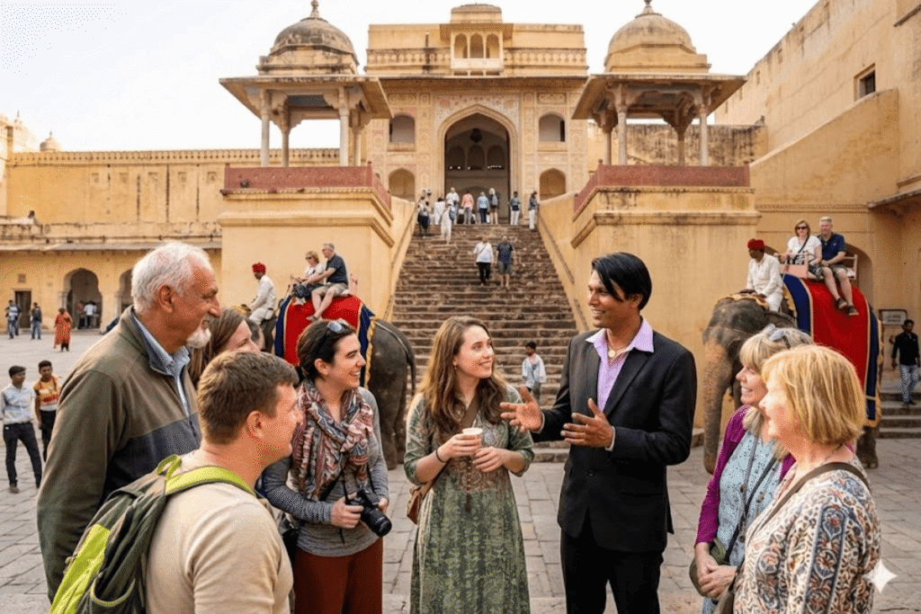 Amber fort tour guide is explaining the Jaleb chowk,Suraj Pol, Chand Pol to international university students