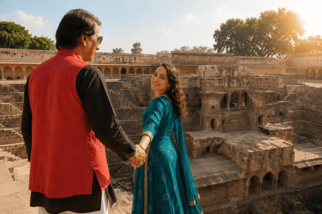 An international Tourist Enjoying Abhaneri Chand Baori – Rajasthan's Amazing Stepwell Near Jaipur must see on Golden triangle tour in India