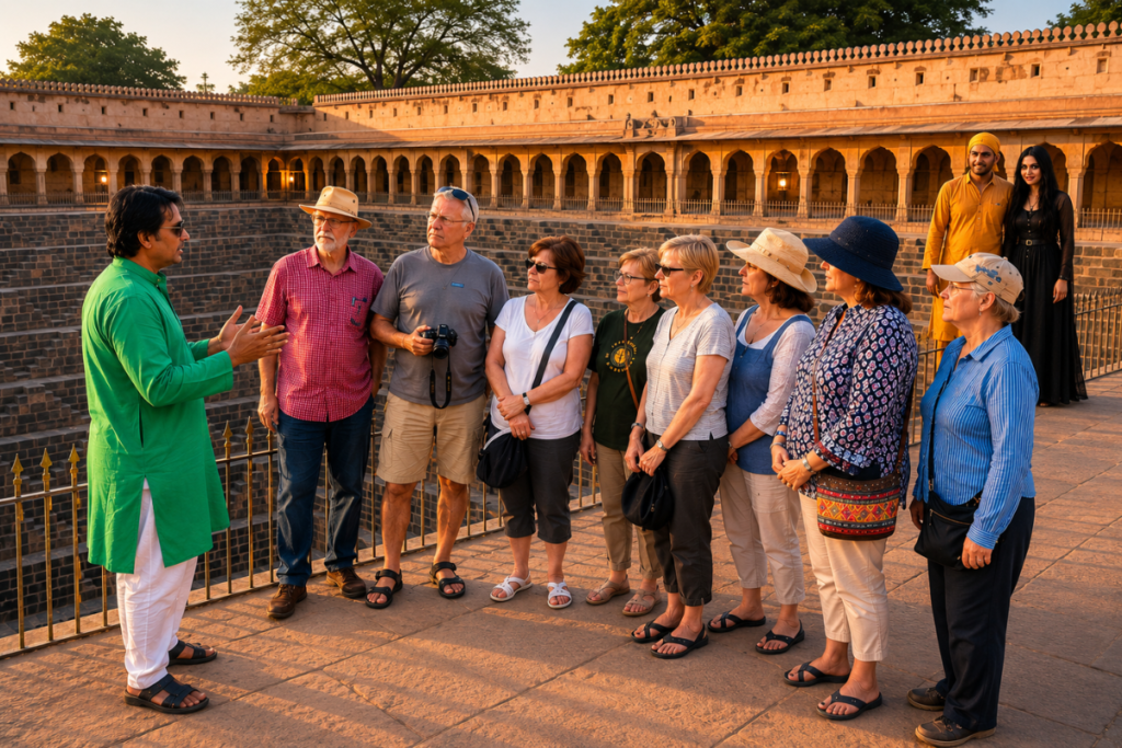 Tour Guide is telling Haunted stories of Abhaneri Chand Baori to international tourist on there Delhi Agra Jaipur tour in India