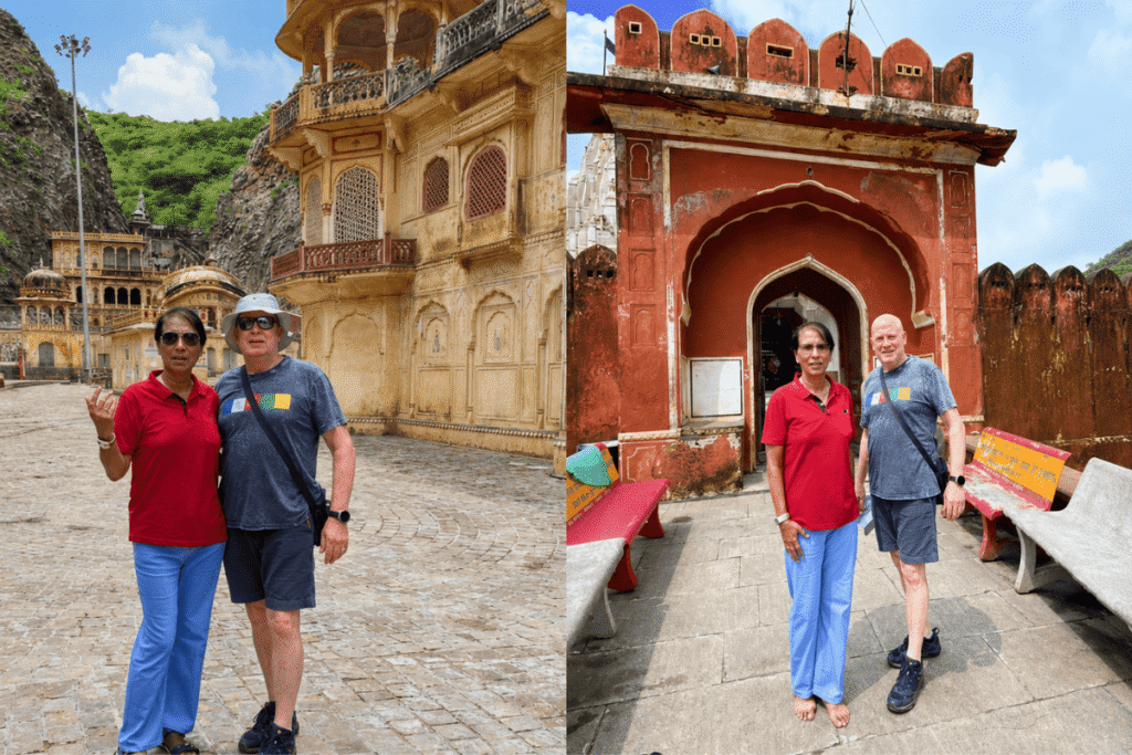 International tourist enjoying visit Galta ji monkey temple with a local guide at Jaipur