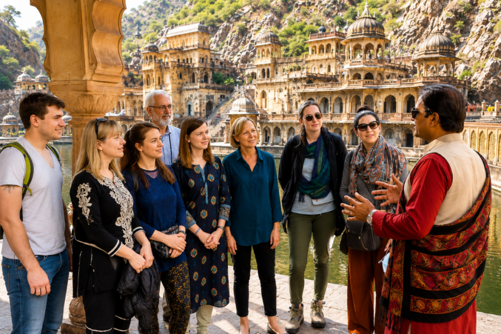 A tour guide is explaning the history of Amer Rulers at Monkey Temple Galta Ji Jaipur to International students
