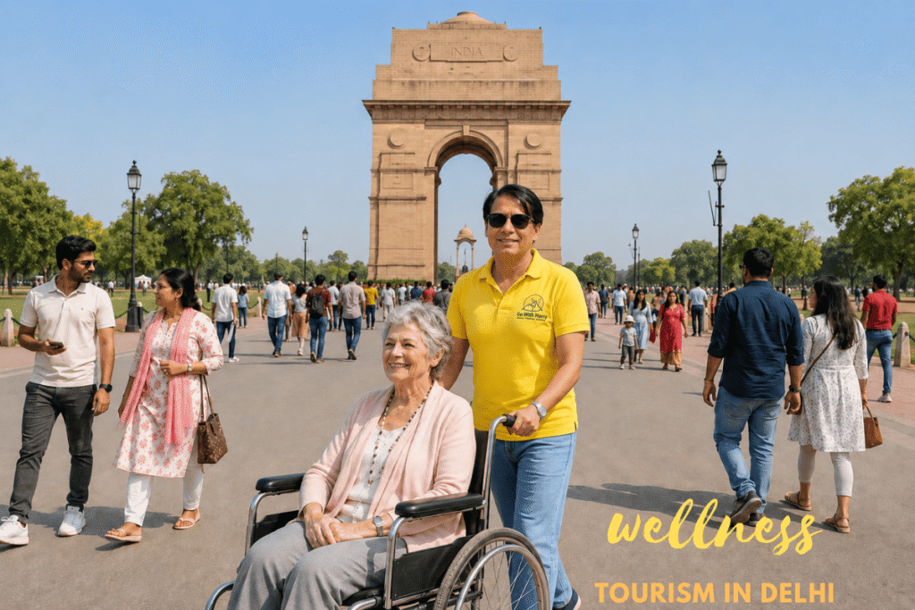 AIIMS Delhi Guide for International Patients, a foreigner lady is enjoying a walk at India Gate after the medical treatment 