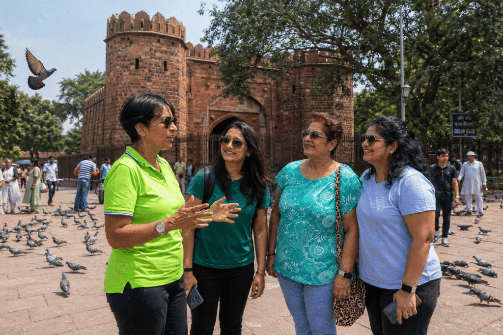 Tourists exploring Old Delhi Tour of Shahjahanabad from Historic Delhi Gate with local guide Harry