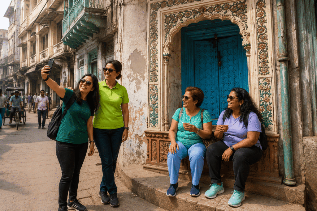 Tourists taking photos in front of a colorful carved wooden haveli door in Naugara, Shahjahanabad on an Old Delhi tour