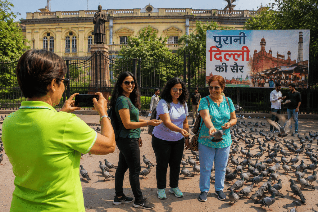 Mother and daughters feeding pigeons in front of historic Town Hall in Shahjahanabad while guide Harry takes a photo during an Old Delhi tour