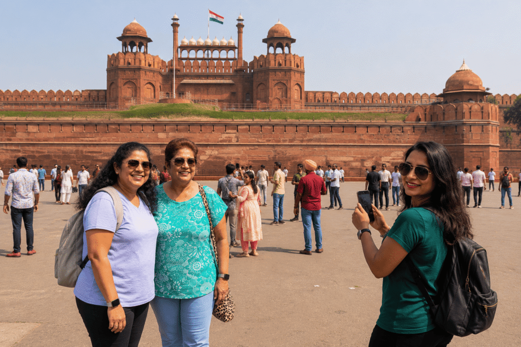 Guests admiring Mughal sandstone architecture at the Red Fort citadel in Shahjahanabad during an Old Delhi tour