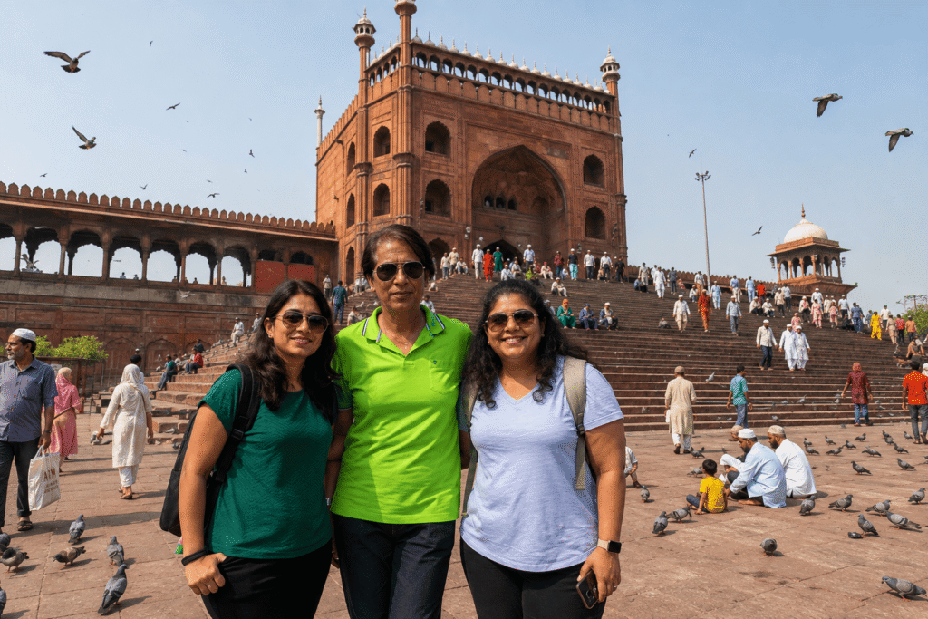 View of the towering minarets and marble domes at Jama Masjid during an Old Delhi tour in Shahjahanabad