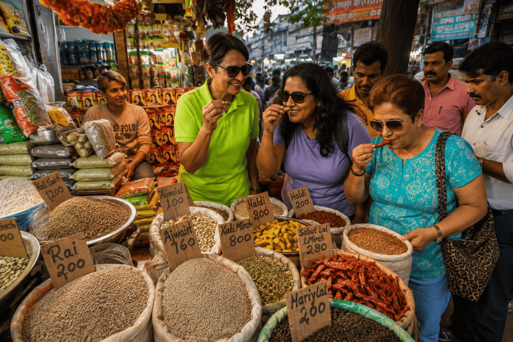 Tourists smelling fresh spices at a colorful Khari Baoli stall with local guide Harry during an Old Delhi tour