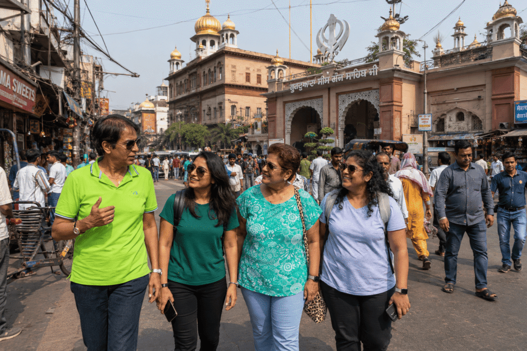 Bustling market streets and colorful trading lanes of Chandni Chowk in Shahjahanabad on a guided Old Delhi tour