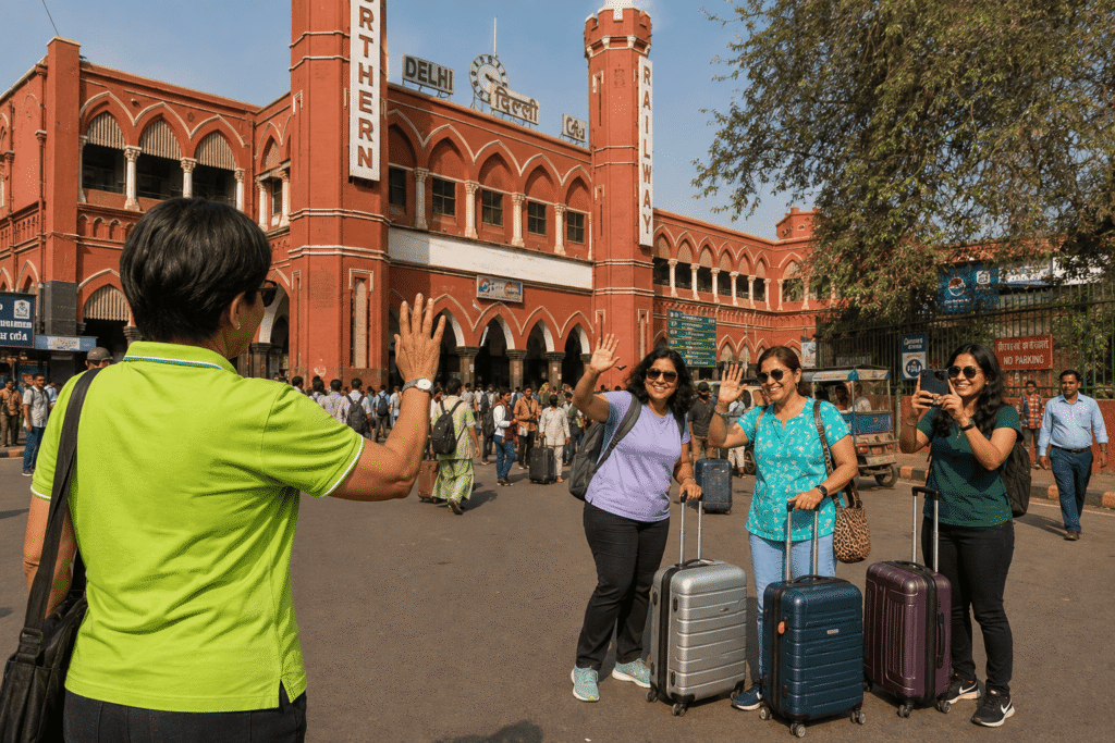 Mother and daughters waving a heartfelt goodbye to local guide Harry outside Old Delhi Railway Station at the end of their Shahjahanabad tour