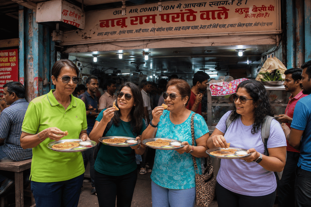 Travelers enjoying fresh stuffed parathas at a famous eatery in Gali Paranthe Wali in Shahjahanabad on an Old Delhi tour