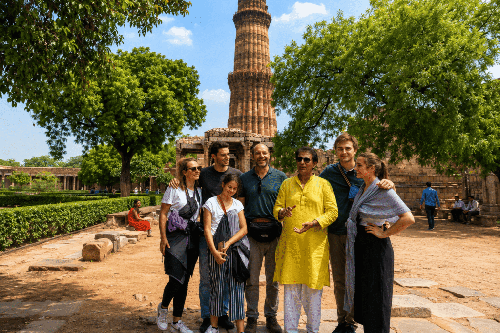 Qutub Minar Tour Guide: Private Entrance Tour & History | Go With Harry 3 Qutub minar tour guide explaining the history and architecture to international tourists