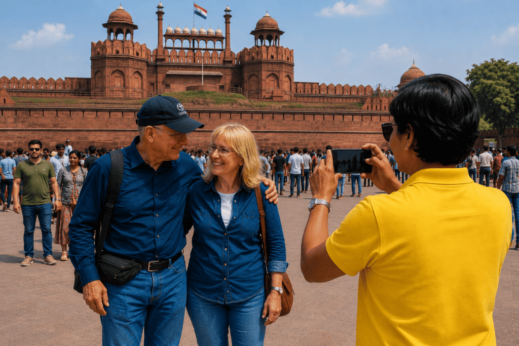 New Delhi Guided Tour Story: Exploring India's Capital with a Local Friend 9 A couple from Israel feeling Happy at there New Delhi Guided Tour Story with a Local Delhi Tour Guide Taking a photo at Red Fort Old Delhi