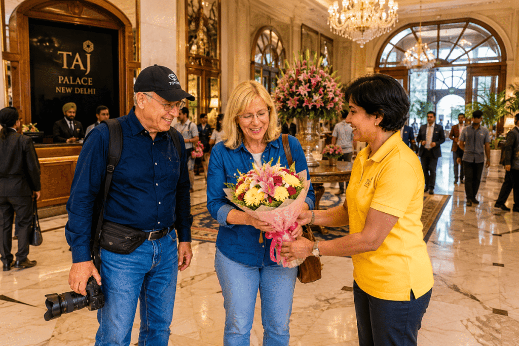 Best of New Delhi: A New Delhi Guided Tour Story with a Local Friend 1 First Impressions of India: New Delhi Guided Tour – A Day of Stories and Smiles with a Local Guide meeting an international tourist at hotel lobby with flowers