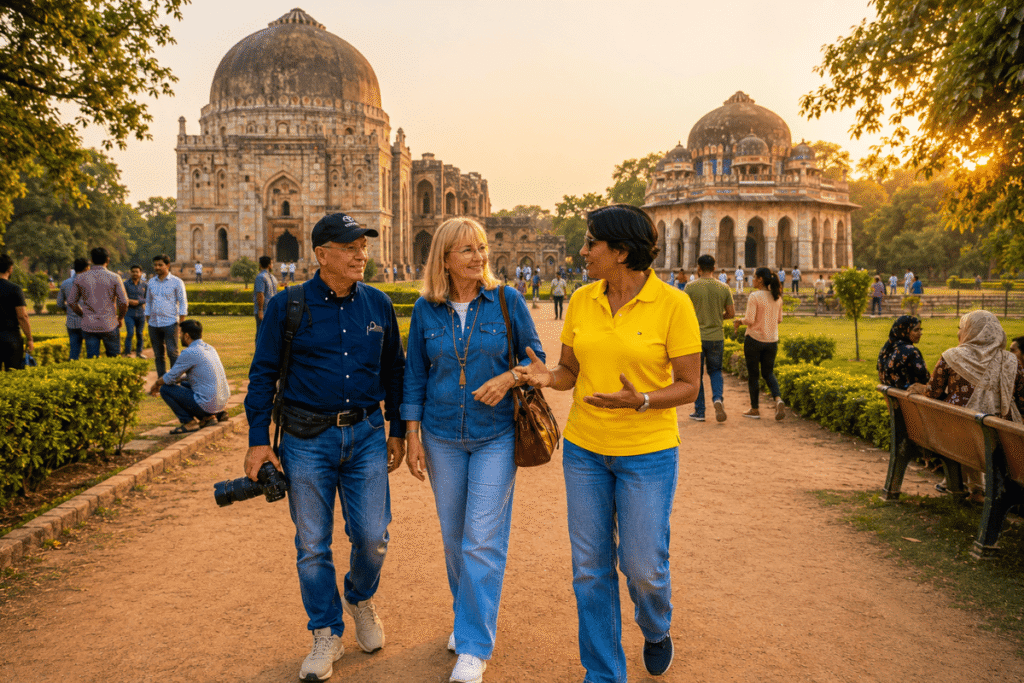 Best of New Delhi: A New Delhi Guided Tour Story with a Local Friend 11 International Tourist enjoying Lodhi Garden Walk on New Delhi Guided Tour with Guide
