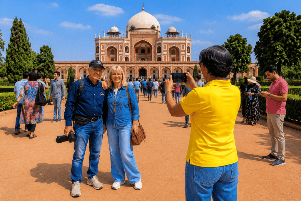 Best of New Delhi: A New Delhi Guided Tour Story with a Local Friend 4 Half day New Delhi Guided Tour at Humayun's Tomb International Tourists were enjoying photos with Delhi Tour Guide