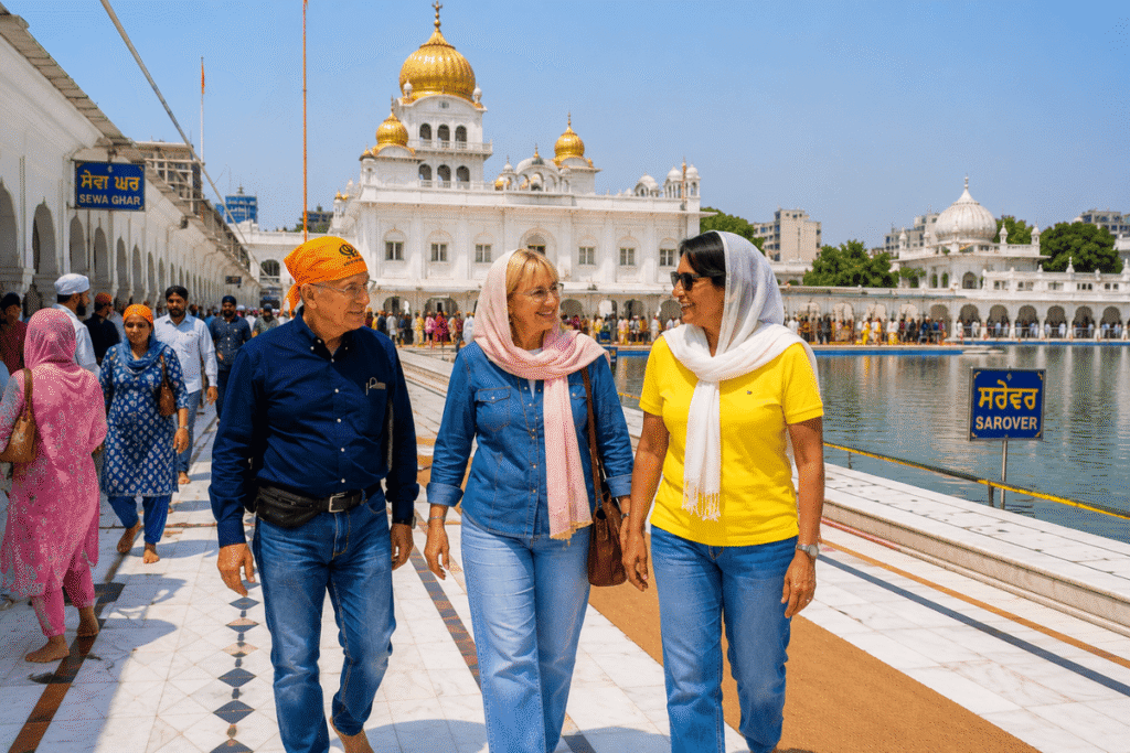 Best of New Delhi: A New Delhi Guided Tour Story with a Local Friend 5 A Spiritual Experience at Gurudwara Bangla Sahib is enjoying by International tourists on a New Delhi Guided Tour with a local