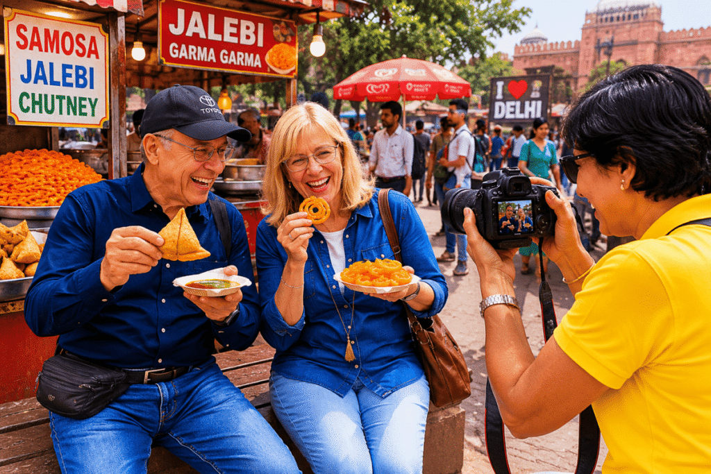 Best of New Delhi: A New Delhi Guided Tour Story with a Local Friend 6 New Delhi Guided Tour with Street Food at Connaught Place Israeli couple is having great fun with Delhi tour guide
