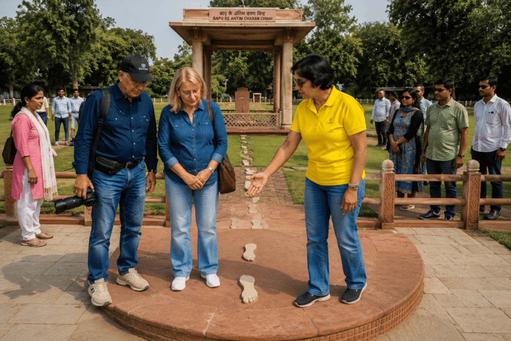 Best of New Delhi: A New Delhi Guided Tour Story with a Local Friend 9 New Delhi Guided Tour at Gandhi Smriti a international tourist couple feeling emotional