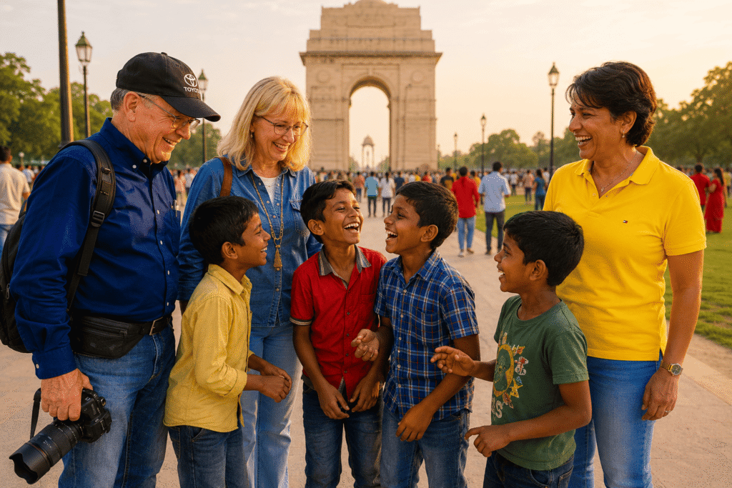 Senior tourists laughing with local children in front of India Gate during a private New Delhi tour Guide