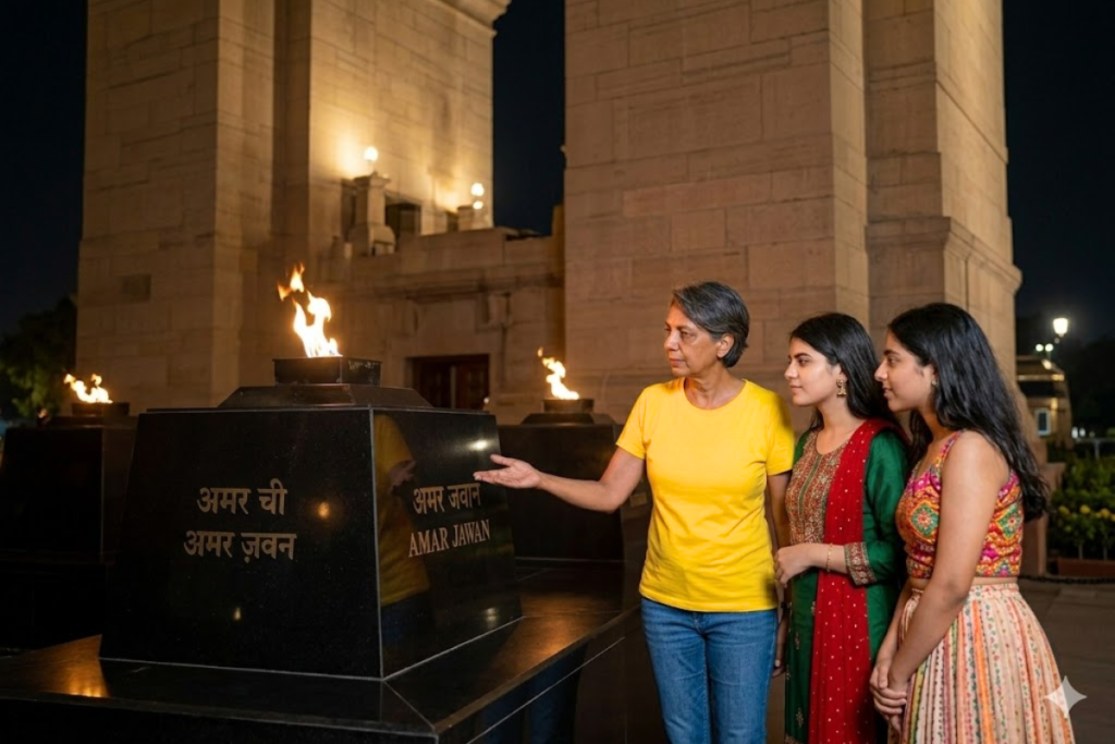 Amar Jawan Jyoti flame at India Gate Delhi with glowing lights at night